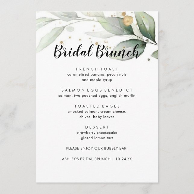 Menú de brunch nupcial floral de eucalipto minimal (Anverso)
