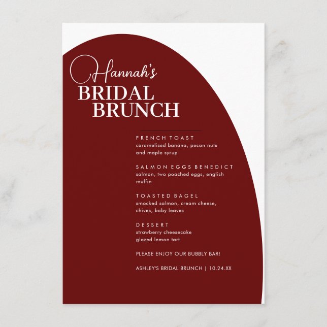 Menú de Brunch nupcial mínimo con guión de borgoña (Anverso)