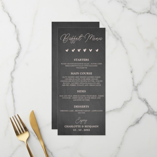 Menú de Buffet de Boda de Carbón Negro Rústico  (Anverso/Reverso In Situ)
