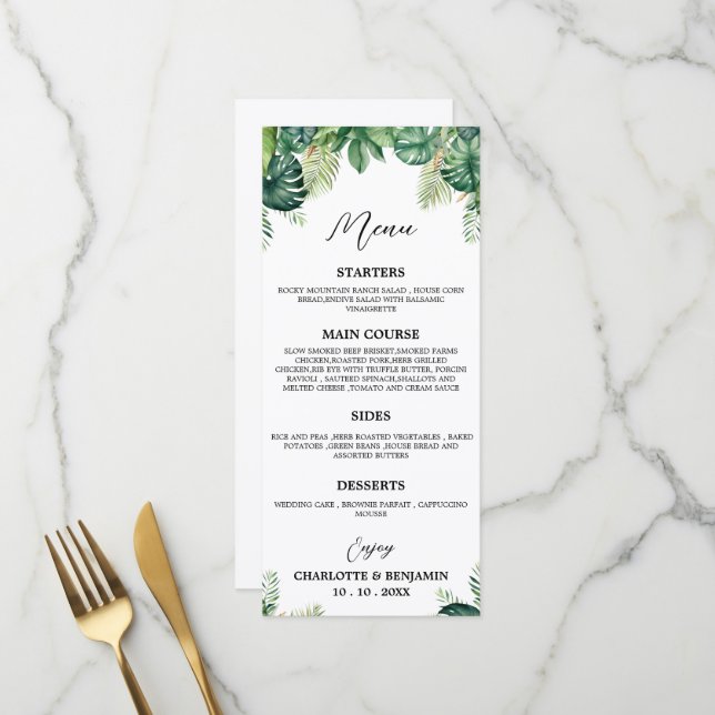 Menú de Buffet de Boda de Hoja Tropical  (Anverso/Reverso In Situ)