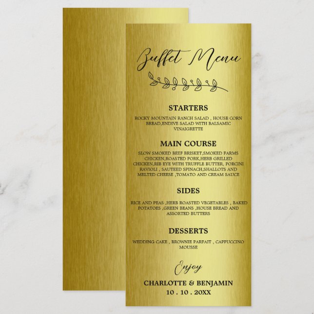 Menú de Buffet de Boda de Metal Dorado  (Anverso / Reverso)