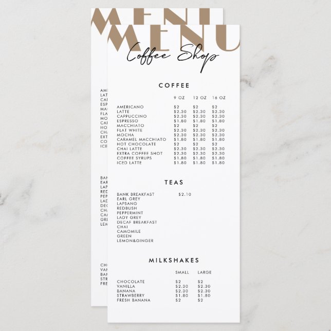 Menú de cafetería minimalista moderna de 2 lados (Anverso / Reverso)