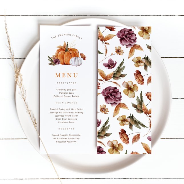 Menú de calabaza de Acción de Gracias (Rustic fall harvest Thanksgiving Pumpkin Menu, watercolor autumn florals by Painted Paperie
)