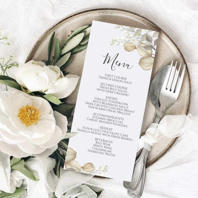 Menú de Caligrafía de Verdor para Boda Script (Wedding menu card with calligraphy script and elegant foliage.)
