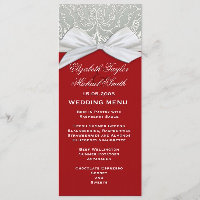 Menú de casamiento de cinta de lujo plata/damasco  (Anverso)