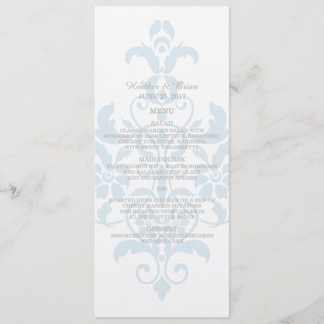 Menú de casamiento de damasco azul sutil (Anverso)