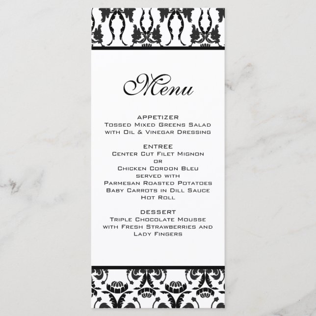Menú de casamiento de damasco blanco y negro (Anverso)