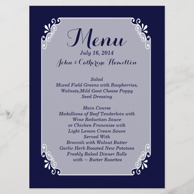 Menú de casamiento personalizado azul y blanco de  (Anverso)