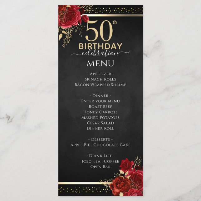 Menú de Celebración de Cumpleaños 50 con Rosas Roj (Anverso)