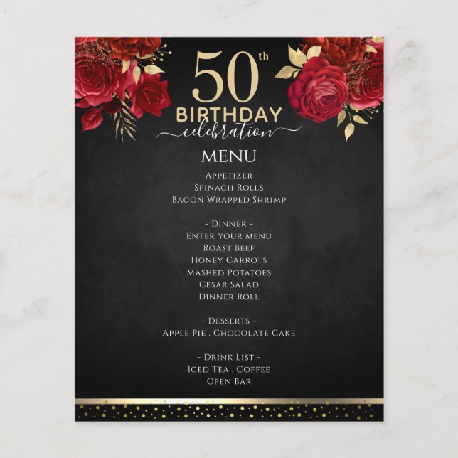 Menú de celebración del 50 cumpleaños de Rosas Roj (Anverso)