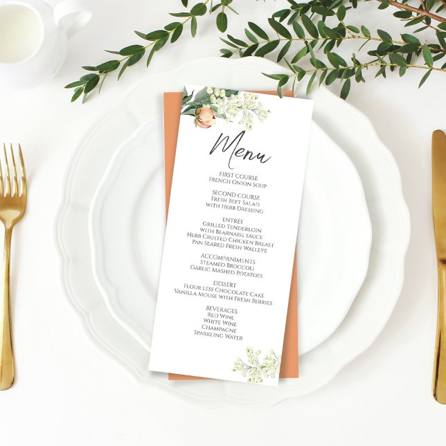 Menú de cena boda acuarela Peach Floral (Wedding menu card with elegant peach watercolor floral artwork. )