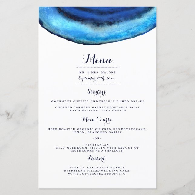Menú de cena Boda Agate azul (Anverso)