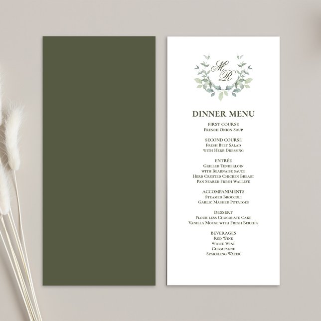 Menú de cena Boda clásico con guión verde oliva (Elegant green motif wedding menu card template)
