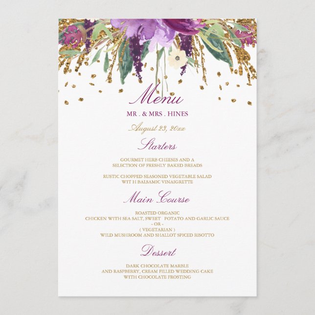 Menú de cena Boda con parkling floral Amethyst (Anverso)