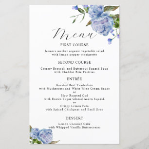 Menú de cena Boda de flores Blue Peony
