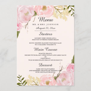 Menú de cena Boda de flores botánicas de Rubor ros