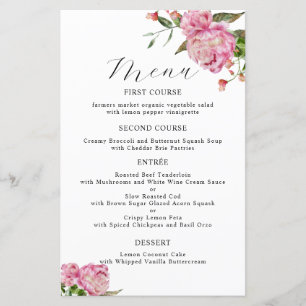 Menú de cena Boda de flores rosadas Peony