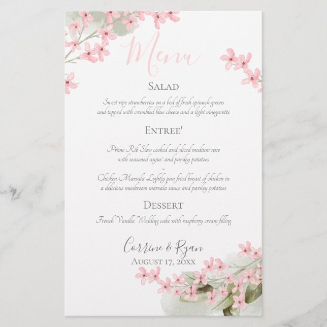 Menú de cena Boda de flores rosas (Anverso)