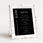 Menú de cena Boda de línea limpia negra<br><div class="desc">Elegante menú de cena de bodas con una línea limpia y sencilla con el menú inicial de la pareja. El fondo es negro.</div>