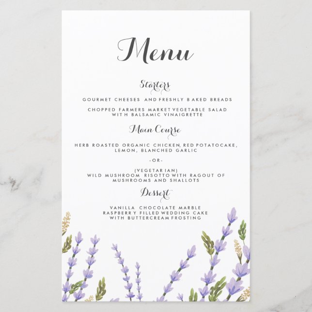 Menú de cena Boda de los Campos de Lavanda (Anverso)