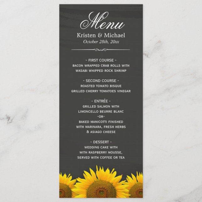 Menú de cena Boda de pizarra de girasoles rusos (Anverso)