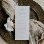 Menú de cena Boda de tipografía de oro de moda<br><div class="desc">Esta carta de menú boda con tipografía dorada de moda es perfecta para un boda moderno. El diseño es sencillo y presenta una tipografía minimalista clásica de oro y blanco con un ambiente rústico de boho. Personalizable de cualquier color. Mantenga el diseño minimalista y elegante, tal como está, o lo...</div>