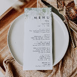 Menú de cena Boda de verde y hoja de oro<br><div class="desc">Diseñamos este menú de boda de color verde y dorado para completar su boda boho, sencillo y elegante. Cuenta con una hoja de eucalipto blanca y verde moderna, un follaje de helecho, una flor suculenta y hojas de Relieve metalizado de oro mínimas. Estos elementos le dan un aspecto de un...</div>
