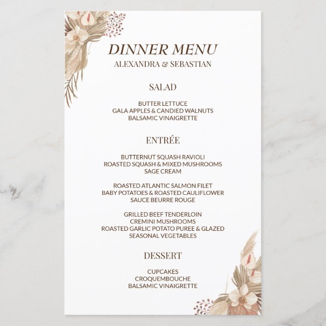 Menú de cena Boda Floral Pampa Grass (Anverso)