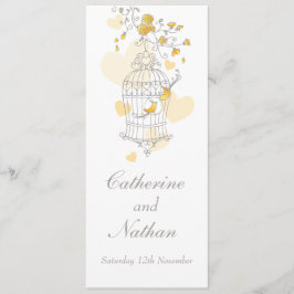 Menú de cena boda gris amarillo jaula de pájaros