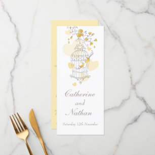Menú de cena boda gris amarillo jaula de pájaros