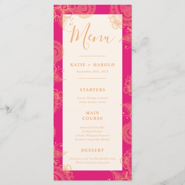 Menú de cena Boda Mehndi (Anverso)