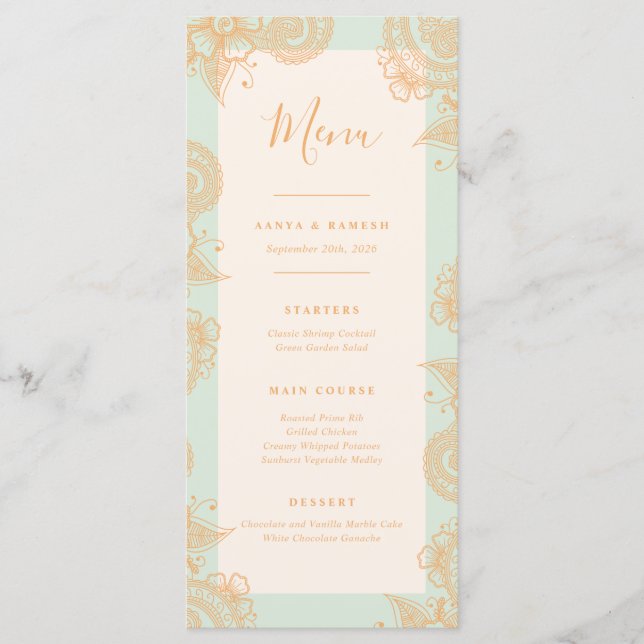 Menú de cena Boda Mehndi (Anverso)