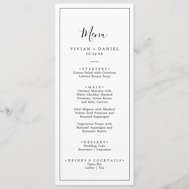 Menú de cena Boda minimalista (Anverso)