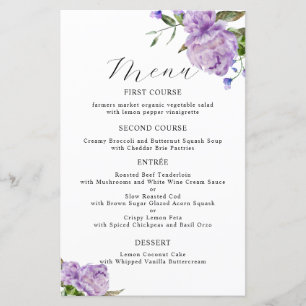 Menú de cena Boda Purple Peony Flower