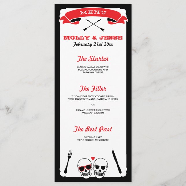 Menú de cena Boda Skeleton - Negro y rojo (Anverso)