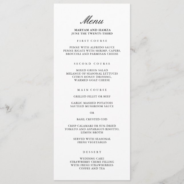 Menú de cena clásico elegante de bodas (Anverso)