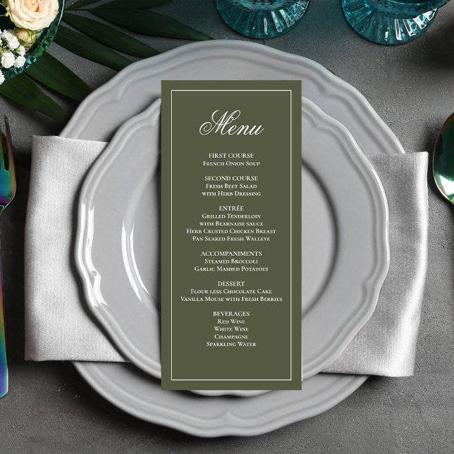 Menú de cena con guión de Boda verde oliva (Elegant olive green classic wedding dinner menu.)