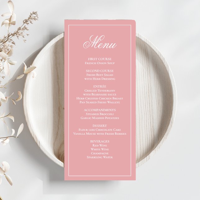 Menú de cena con guión de caligrafía de Boda rosa (Elegant blush pink wedding menu card template. )