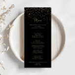 Menú de cena con guión de moda de confetti dorado<br><div class="desc">Esta elegante carta de guijarros dorados caligrafía es perfecta para un boda rústico. El diseño es sencillo y elegante, con un brillante confeti dorado y una tipografía de escritura elegante. Este menú se puede utilizar para la recepción de bodas, la cena de ensayo, la ducha de novia o cualquier otro...</div>
