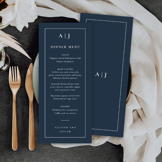 Menú de cena con monograma clásico de boda (Classic navy blue wedding monogram dinner or bar menu.)