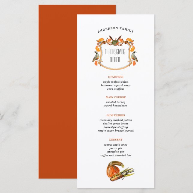 Menú de cena de Acción de Gracias Escudo otoño (Anverso / Reverso)
