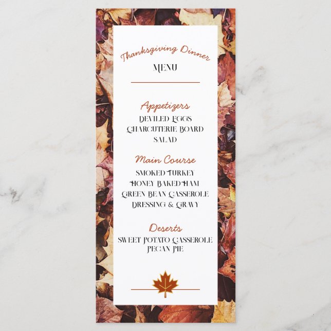 Menú de cena de Acción de Gracias - Hojas de otoño (Anverso)