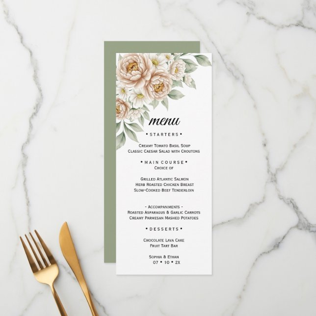 Menú de Cena de Boda Botánico con Acuarela Neutra (Anverso/Reverso In Situ)