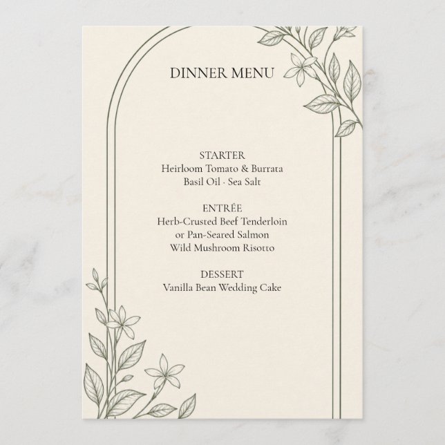 Menú de cena de boda botánico de olivo detallado (Anverso)