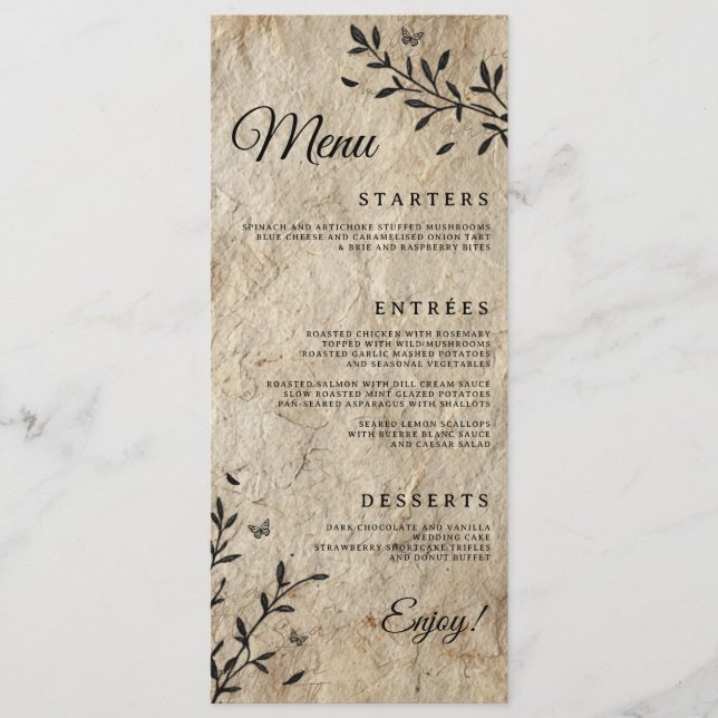 Menú de cena de boda botánico vintage (Anverso)