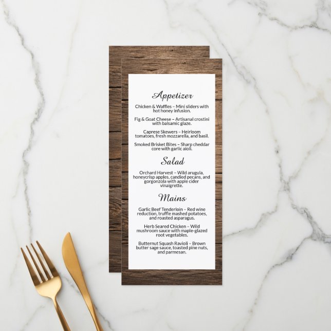 Menú de Cena de Boda Campestre con Grano de Madera (Anverso/Reverso In Situ)