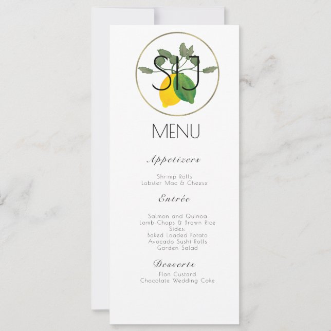 Menú de cena de boda con acuarela de limón y oro (Anverso)