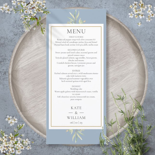 Menú de cena de boda con aguarela de vegetación az (Dusty Blue Watercolor Greenery Wedding Dinner Menu)