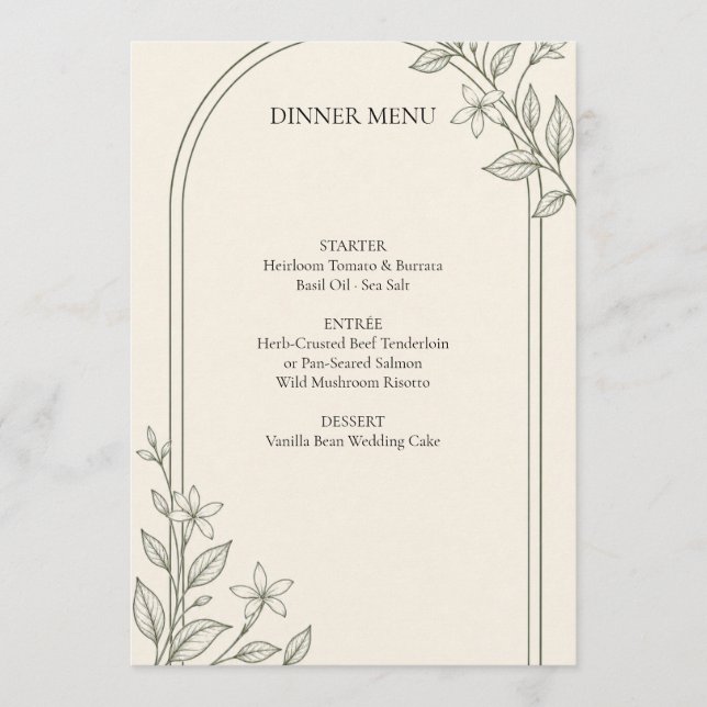 Menú de cena de boda con arco botánico de olivo (Anverso)