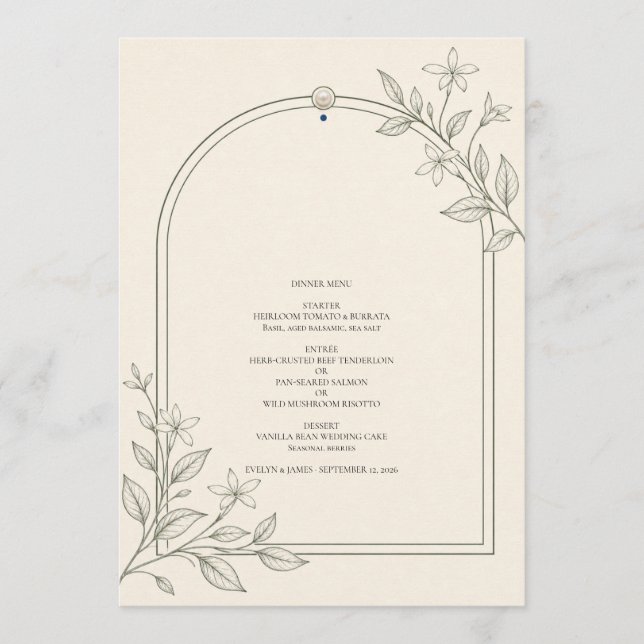 Menú de Cena de Boda con Arco Botánico Moderno (Anverso)